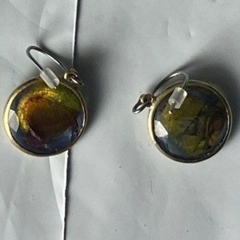 Vintage Gold‎ Tone Round Amber Color Cabochon Stud Earrings
